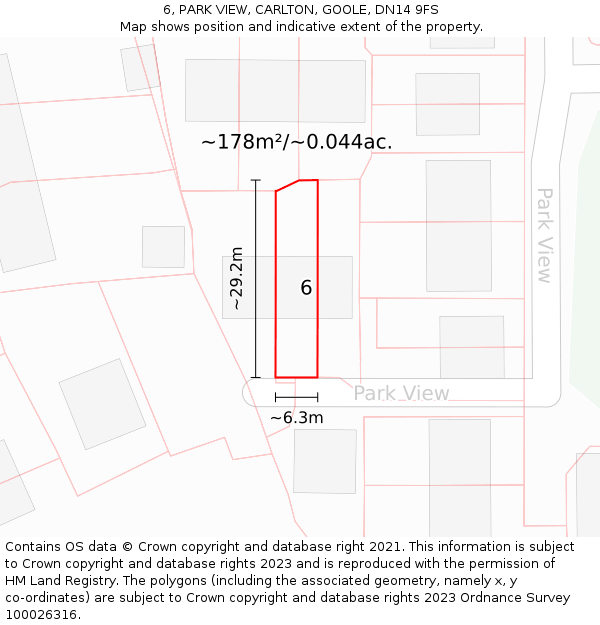 6, PARK VIEW, CARLTON, GOOLE, DN14 9FS: Plot and title map