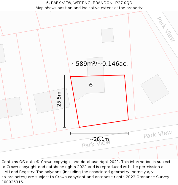 6, PARK VIEW, WEETING, BRANDON, IP27 0QD: Plot and title map