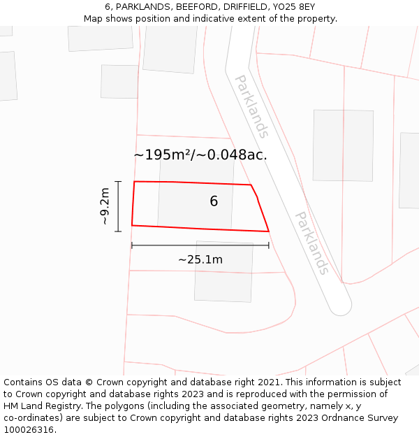 6, PARKLANDS, BEEFORD, DRIFFIELD, YO25 8EY: Plot and title map
