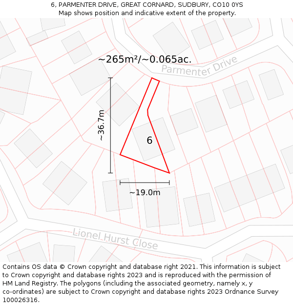 6, PARMENTER DRIVE, GREAT CORNARD, SUDBURY, CO10 0YS: Plot and title map