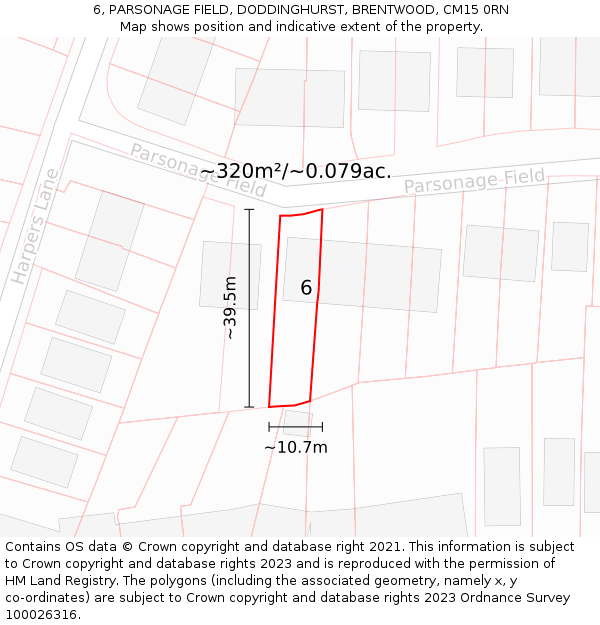 6, PARSONAGE FIELD, DODDINGHURST, BRENTWOOD, CM15 0RN: Plot and title map