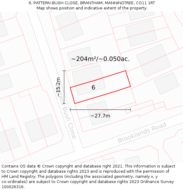6, PATTERN BUSH CLOSE, BRANTHAM, MANNINGTREE, CO11 1RT: Plot and title map