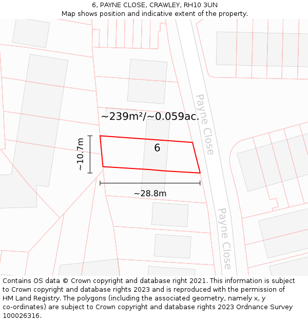 6, PAYNE CLOSE, CRAWLEY, RH10 3UN: Plot and title map