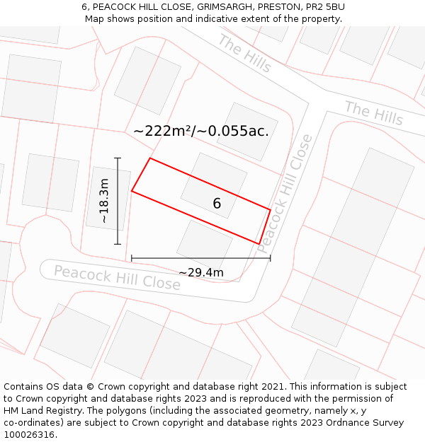6, PEACOCK HILL CLOSE, GRIMSARGH, PRESTON, PR2 5BU: Plot and title map