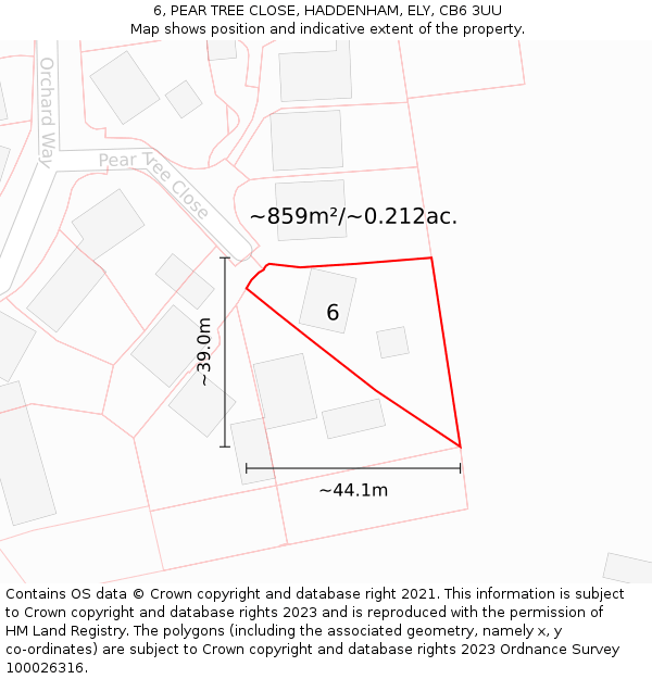 6, PEAR TREE CLOSE, HADDENHAM, ELY, CB6 3UU: Plot and title map