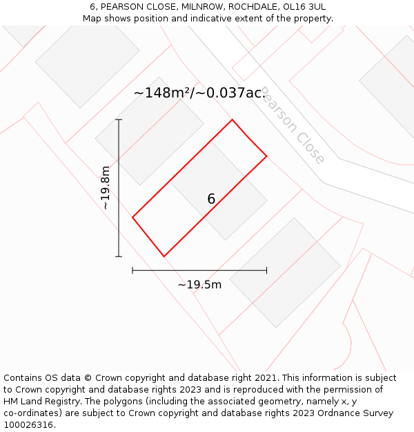 6, PEARSON CLOSE, MILNROW, ROCHDALE, OL16 3UL: Plot and title map