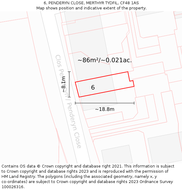 6, PENDERYN CLOSE, MERTHYR TYDFIL, CF48 1AS: Plot and title map