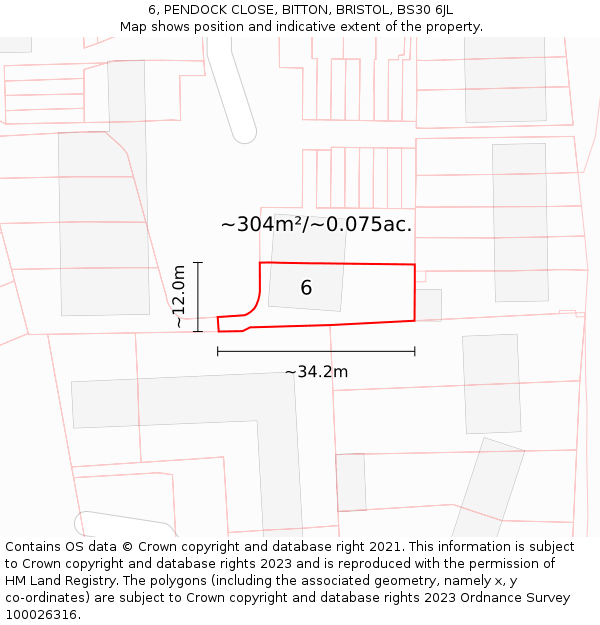 6, PENDOCK CLOSE, BITTON, BRISTOL, BS30 6JL: Plot and title map