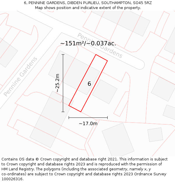 6, PENNINE GARDENS, DIBDEN PURLIEU, SOUTHAMPTON, SO45 5RZ: Plot and title map