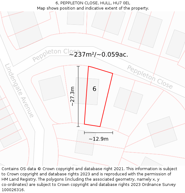 6, PEPPLETON CLOSE, HULL, HU7 0EL: Plot and title map