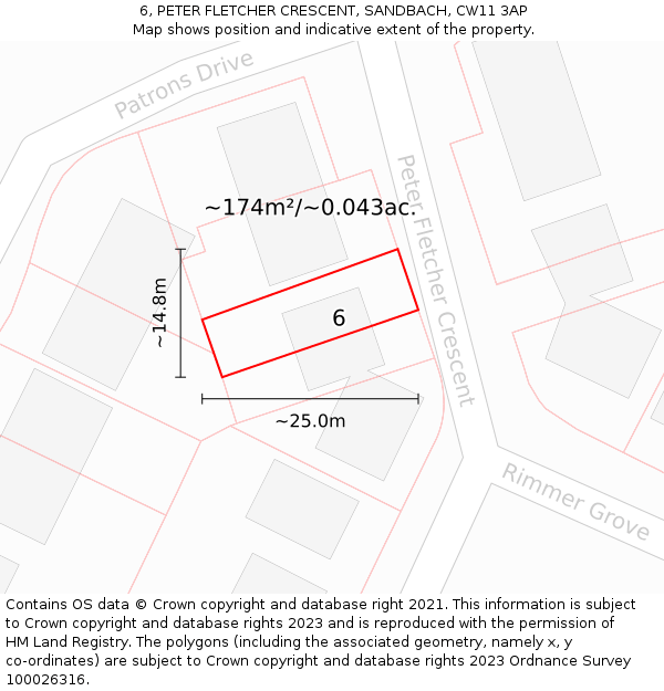 6, PETER FLETCHER CRESCENT, SANDBACH, CW11 3AP: Plot and title map