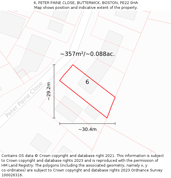 6, PETER PAINE CLOSE, BUTTERWICK, BOSTON, PE22 0HA: Plot and title map