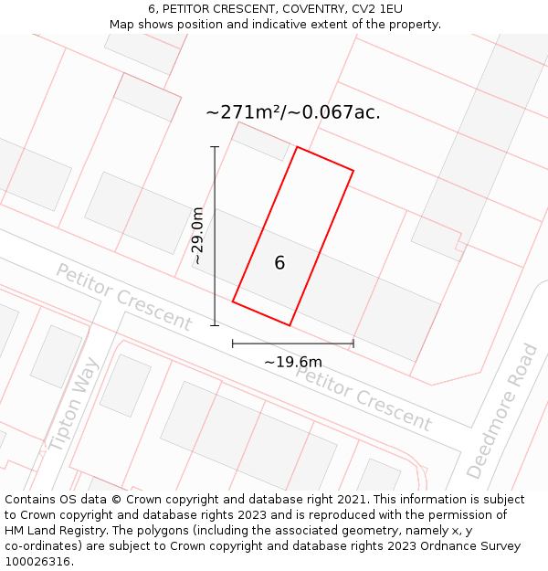 6, PETITOR CRESCENT, COVENTRY, CV2 1EU: Plot and title map