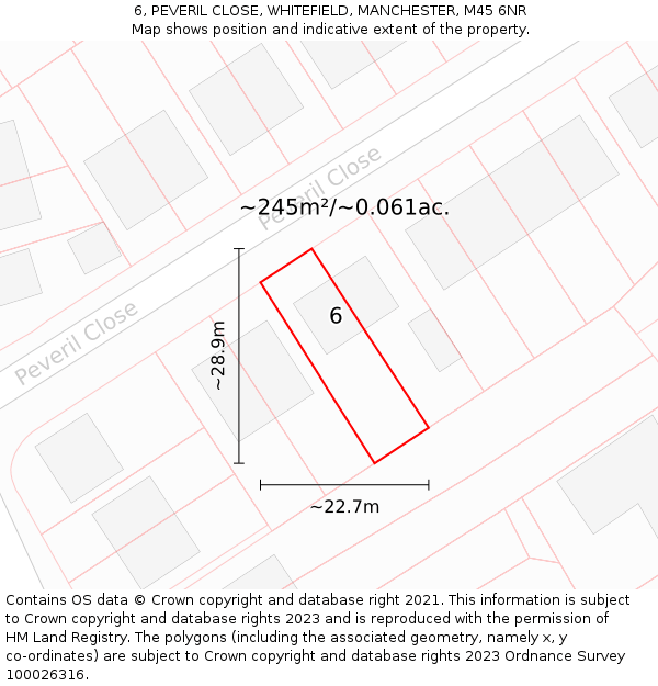 6, PEVERIL CLOSE, WHITEFIELD, MANCHESTER, M45 6NR: Plot and title map