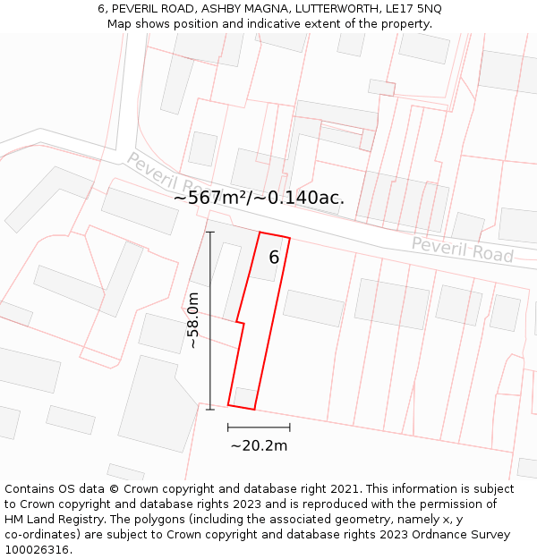 6, PEVERIL ROAD, ASHBY MAGNA, LUTTERWORTH, LE17 5NQ: Plot and title map