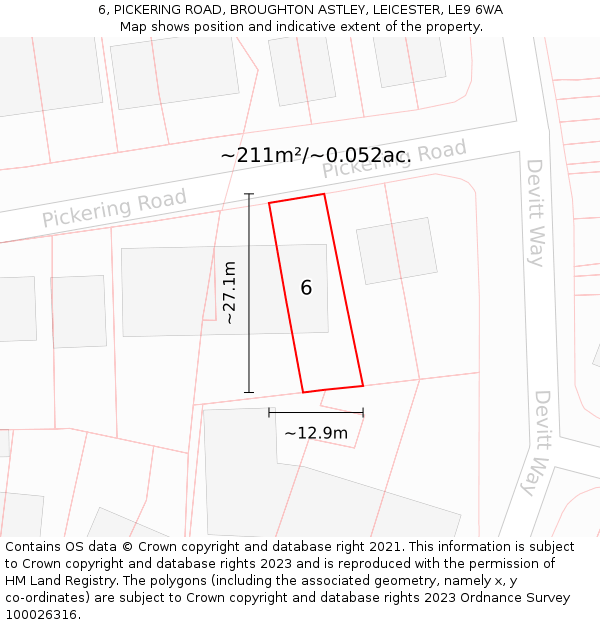 6, PICKERING ROAD, BROUGHTON ASTLEY, LEICESTER, LE9 6WA: Plot and title map