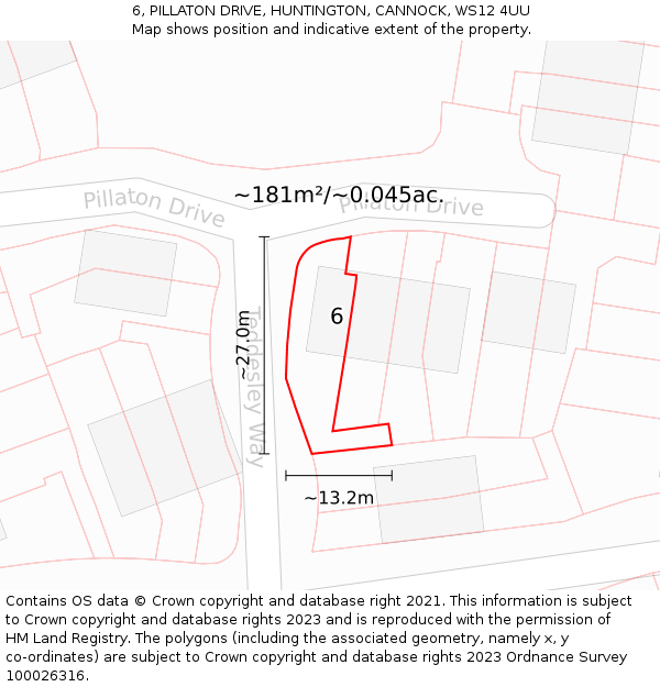 6, PILLATON DRIVE, HUNTINGTON, CANNOCK, WS12 4UU: Plot and title map