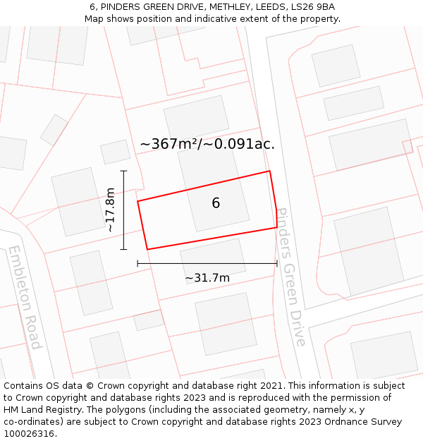 6, PINDERS GREEN DRIVE, METHLEY, LEEDS, LS26 9BA: Plot and title map