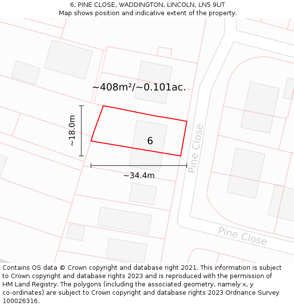 6, PINE CLOSE, WADDINGTON, LINCOLN, LN5 9UT: Plot and title map
