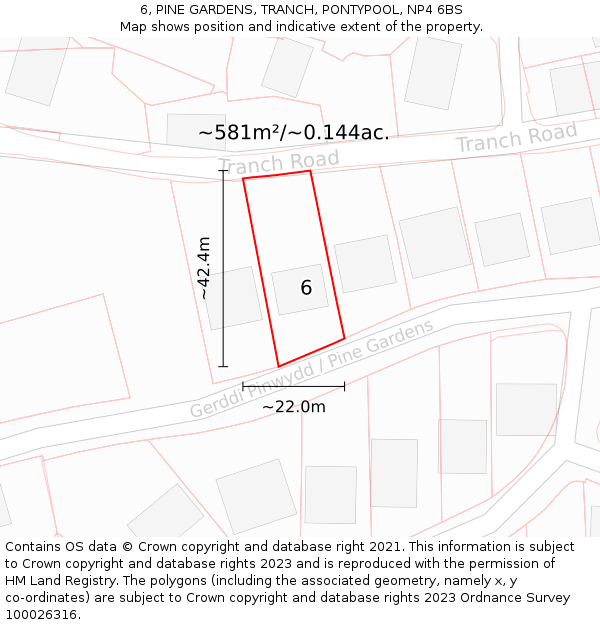 6, PINE GARDENS, TRANCH, PONTYPOOL, NP4 6BS: Plot and title map