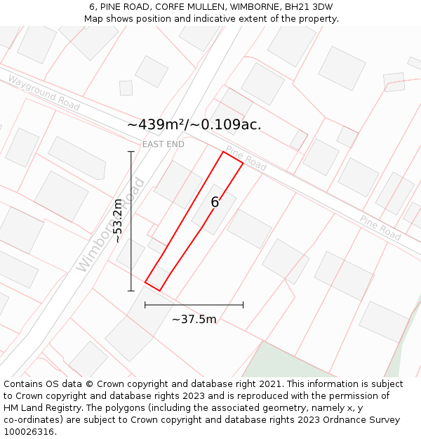 6, PINE ROAD, CORFE MULLEN, WIMBORNE, BH21 3DW: Plot and title map