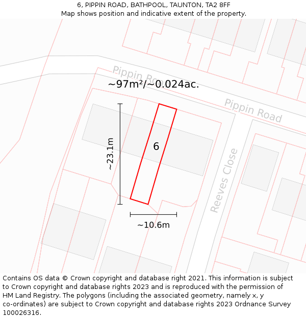 6, PIPPIN ROAD, BATHPOOL, TAUNTON, TA2 8FF: Plot and title map