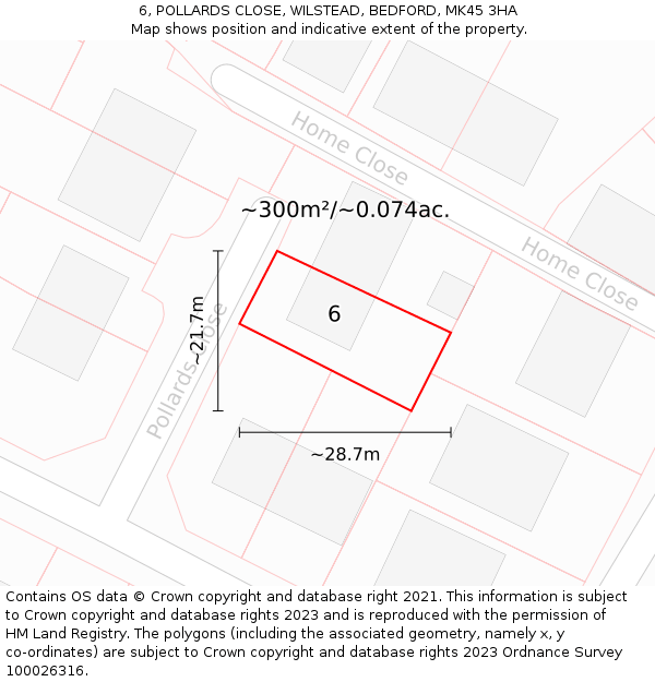 6, POLLARDS CLOSE, WILSTEAD, BEDFORD, MK45 3HA: Plot and title map