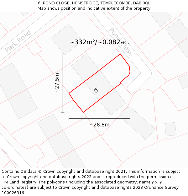 6, POND CLOSE, HENSTRIDGE, TEMPLECOMBE, BA8 0QL: Plot and title map