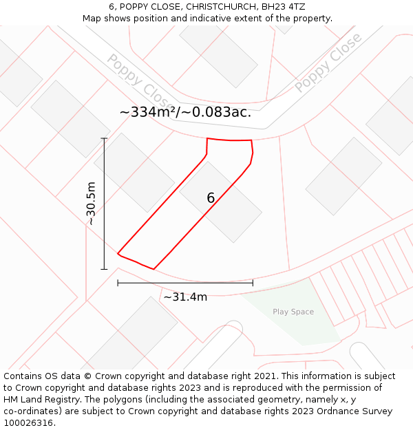 6, POPPY CLOSE, CHRISTCHURCH, BH23 4TZ: Plot and title map