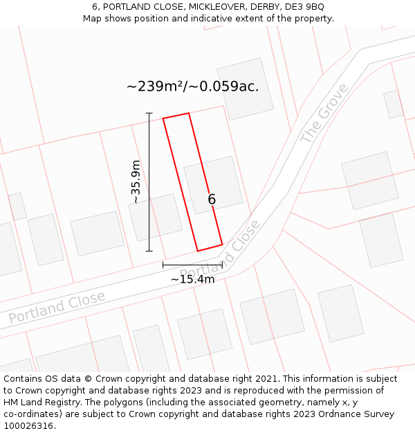 6, PORTLAND CLOSE, MICKLEOVER, DERBY, DE3 9BQ: Plot and title map