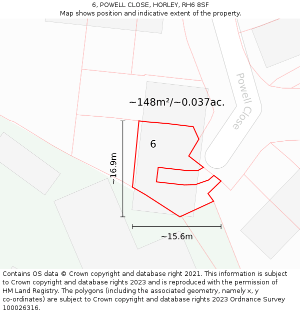 6, POWELL CLOSE, HORLEY, RH6 8SF: Plot and title map