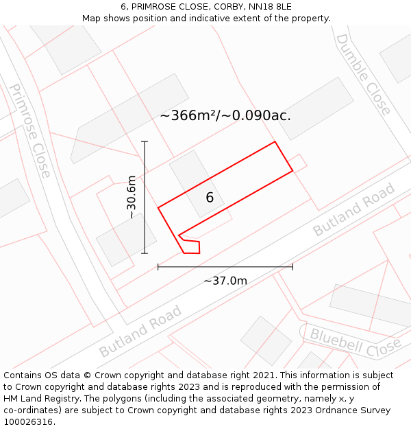 6, PRIMROSE CLOSE, CORBY, NN18 8LE: Plot and title map
