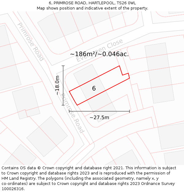 6, PRIMROSE ROAD, HARTLEPOOL, TS26 0WL: Plot and title map