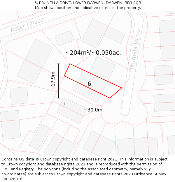 6, PRUNELLA DRIVE, LOWER DARWEN, DARWEN, BB3 0QB: Plot and title map
