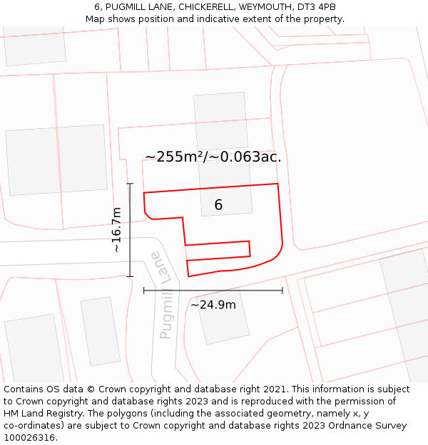 6, PUGMILL LANE, CHICKERELL, WEYMOUTH, DT3 4PB: Plot and title map
