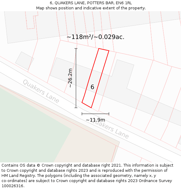 6, QUAKERS LANE, POTTERS BAR, EN6 1RL: Plot and title map