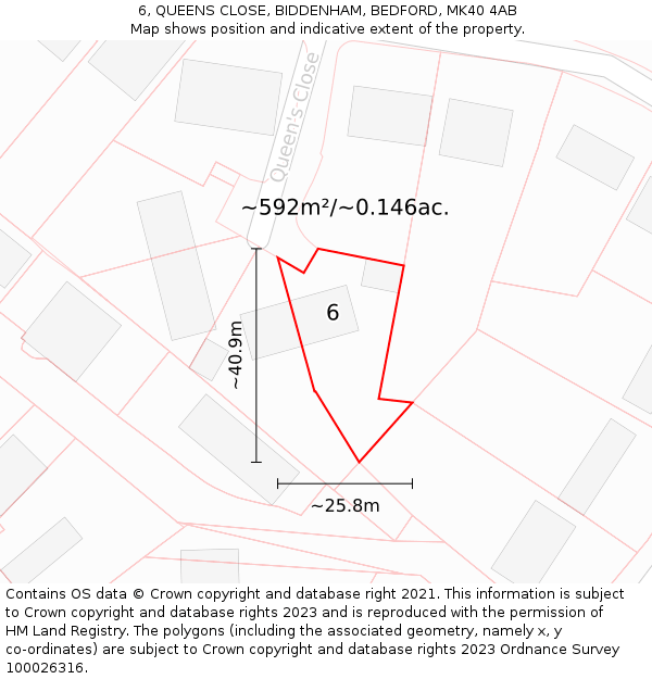 6, QUEENS CLOSE, BIDDENHAM, BEDFORD, MK40 4AB: Plot and title map