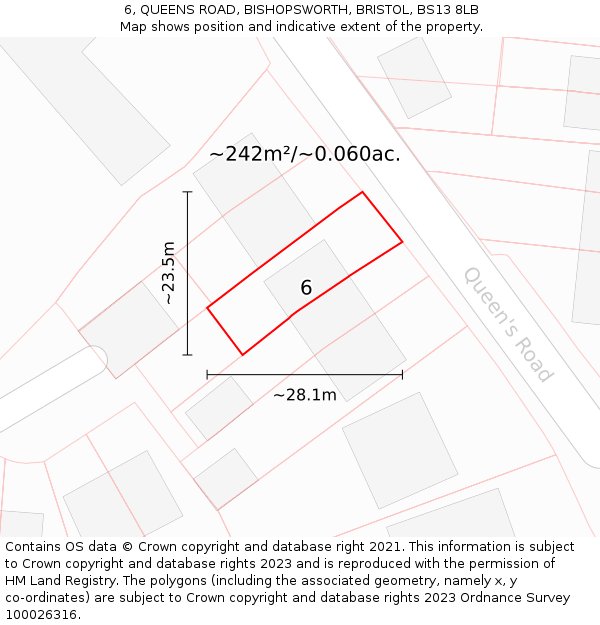 6, QUEENS ROAD, BISHOPSWORTH, BRISTOL, BS13 8LB: Plot and title map