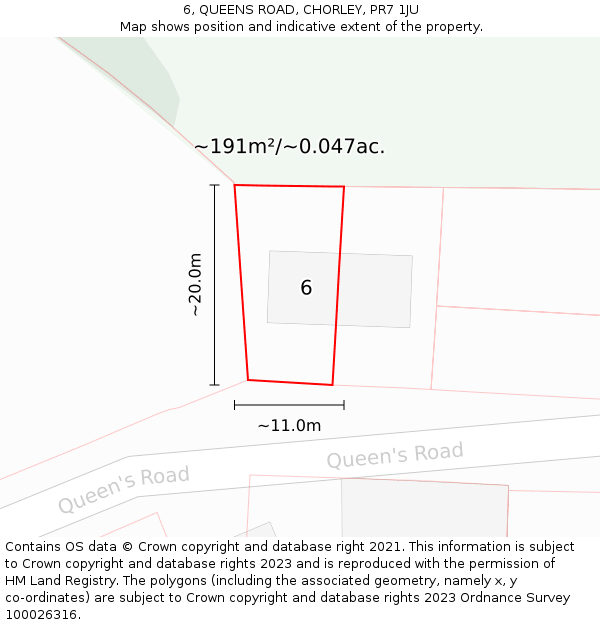 6, QUEENS ROAD, CHORLEY, PR7 1JU: Plot and title map