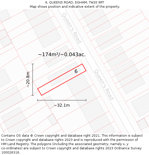 6, QUEENS ROAD, EGHAM, TW20 9RT: Plot and title map