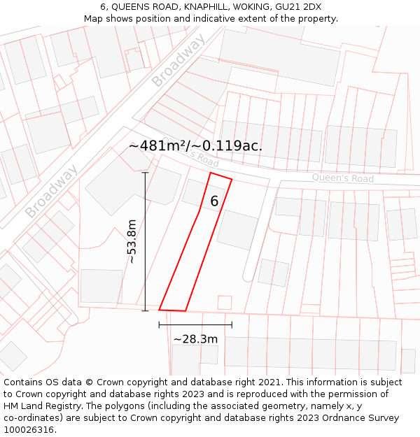 6, QUEENS ROAD, KNAPHILL, WOKING, GU21 2DX: Plot and title map