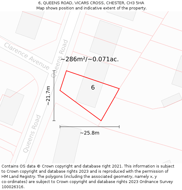 6, QUEENS ROAD, VICARS CROSS, CHESTER, CH3 5HA: Plot and title map