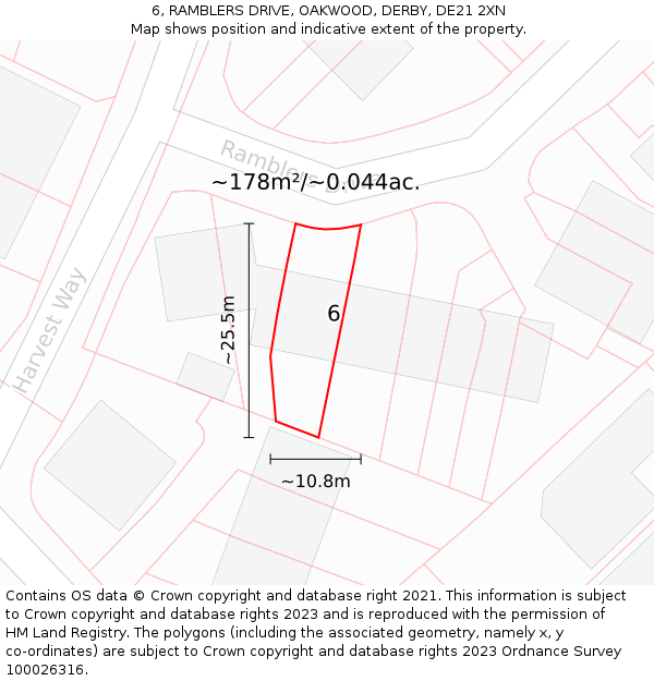 6, RAMBLERS DRIVE, OAKWOOD, DERBY, DE21 2XN: Plot and title map