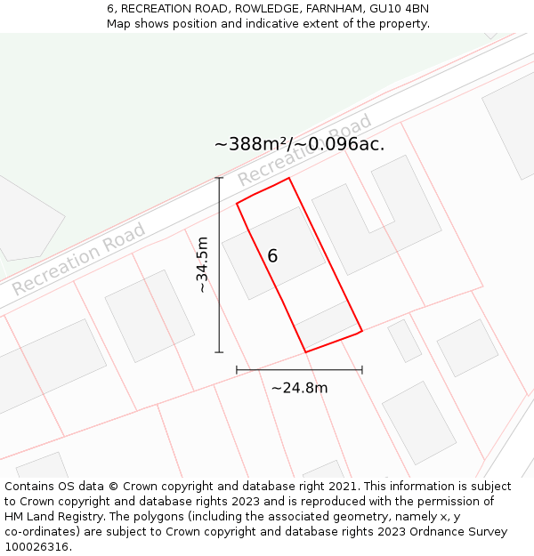 6, RECREATION ROAD, ROWLEDGE, FARNHAM, GU10 4BN: Plot and title map