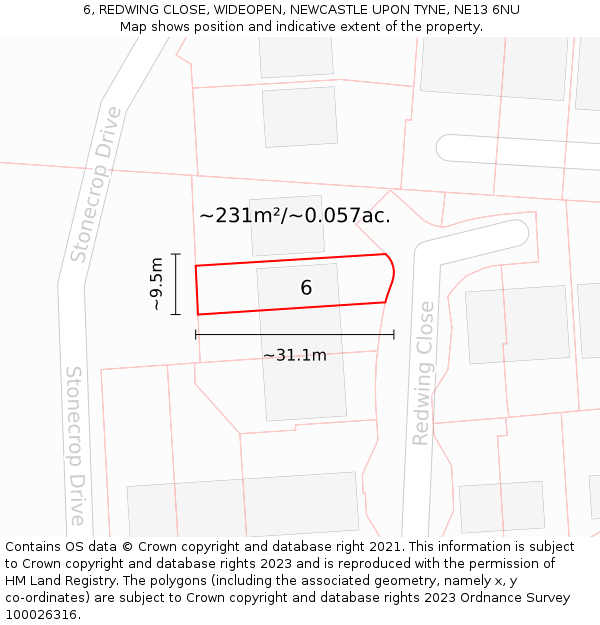6, REDWING CLOSE, WIDEOPEN, NEWCASTLE UPON TYNE, NE13 6NU: Plot and title map