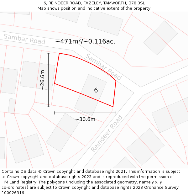 6, REINDEER ROAD, FAZELEY, TAMWORTH, B78 3SL: Plot and title map