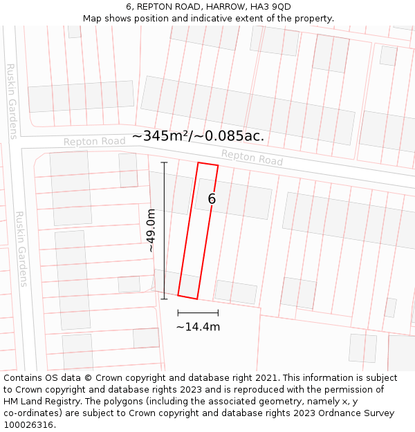 6, REPTON ROAD, HARROW, HA3 9QD: Plot and title map