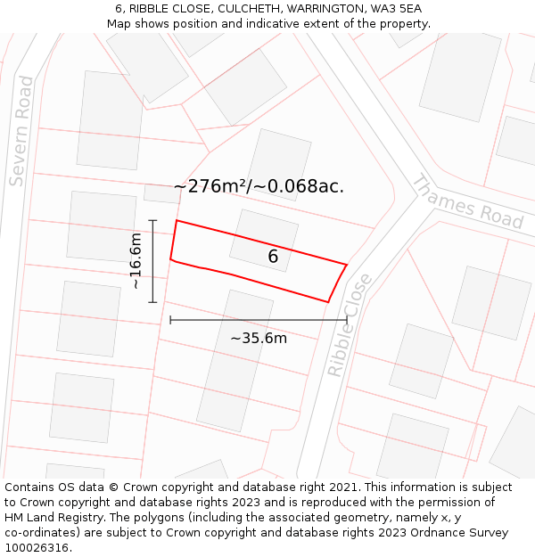 6, RIBBLE CLOSE, CULCHETH, WARRINGTON, WA3 5EA: Plot and title map