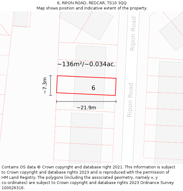 6, RIPON ROAD, REDCAR, TS10 3QQ: Plot and title map