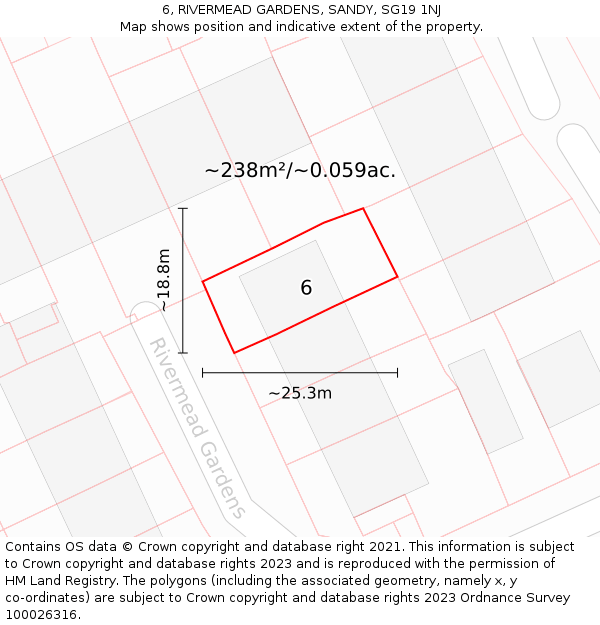 6, RIVERMEAD GARDENS, SANDY, SG19 1NJ: Plot and title map